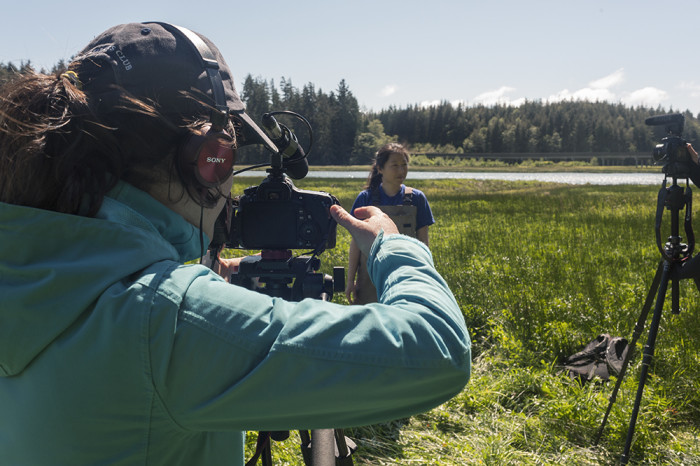 Eliana filming Isabel Hong while Lexi conducts the interview.  © 2015 Kelsey Vance